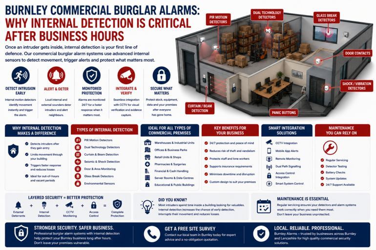 Burnley Commercial Burglar Alarms: Why Internal Detection Is Critical After Business Hours